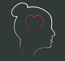 Linear silhouette of a female head. Icon. Flat illustration of face. Head icon with a heart inside. Silhouette of a girl. Woman avatar. Linear avatar. Love in the head