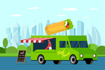 Fast food green truck with cook outdoor in city park. Shawarma on van roof. Doner kebab delivery van service. Fair on street with catering wheels. Vector advertising banner illustration