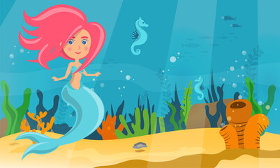 Fototapeta na wymiar Underwater world of mermaid, fish and sea horses. Ocean floor with sand, corals, sea inhabitants and algae. Girl with fish tail and long pink hair. Wild nature of marine life, water nymph, cute nixie