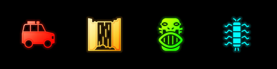 Set Car, Waterfall, Mexican mayan or aztec mask and Centipede insect icon. Vector