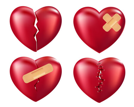 Broken hearts set. Split Red hearts with wound, patches, stitches and bandages on white background. Image JPG