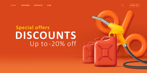 Sale discpunt web banner with 3d tender illustration of big percent symbol with oil cans and gas gun, for gass station - obrazy, fototapety, plakaty