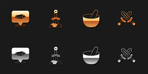 Set Magic stone, Sword in the, Witch cauldron and Crossed medieval sword icon. Vector