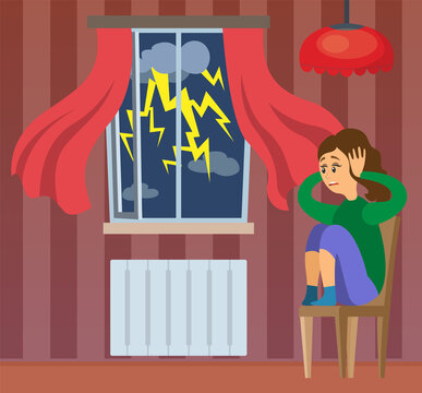 Terrified shocked lady closes her ears so as not to hear thunder. Woman frightened by thunderstorm. Person suffers from astraphobia. Fear of storm, phobia, horror. Character looks at rainy weather