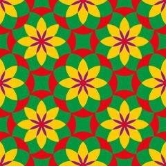 Medieval rose stylized seamless vector pattern background. Azulejo style backdrop with historical foil motifs in bright tropical colors. Decorative oriental moorish design. Modern arabesque repeat