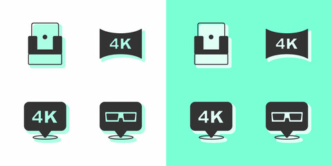 Set 3D cinema glasses, Cinema chair, 4k Ultra HD and Screen tv with icon. Vector