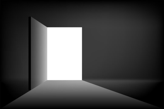 Open door in the dark room background. Vector illustration