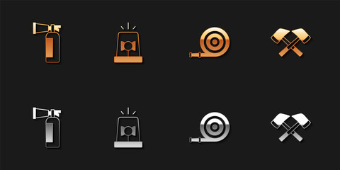 Set Fire extinguisher, Flasher siren, hose reel and Firefighter axe icon. Vector