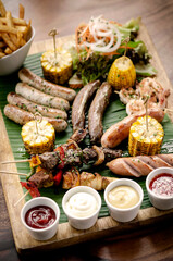 organic mixed grill barbecue meat platter rustic set meal - 456928620