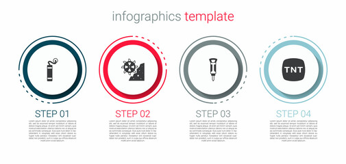 Set Dynamite, Bucket wheel excavator, Construction jackhammer and . Business infographic template. Vector