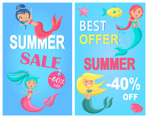 Summer sale with mermaid at sea. Advertising banner with underwater life of sea creature. Nixie on background of ocean with waves and sand with starfish. Seasonal closeout poster, discounts, hot price