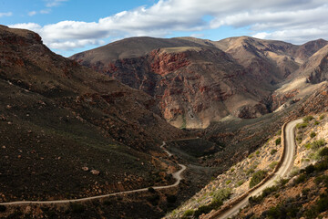 The winding road with hairpin bend of Swartberg pass near Prince Albert, South Africa