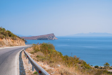 Famous bay Porto Palermo in south of Albania, Himara, aerial view tourism vacation destination.