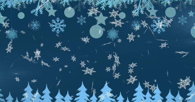 Digital image of snowflakes falling over christmas decorations hanging and multiple trees on blu