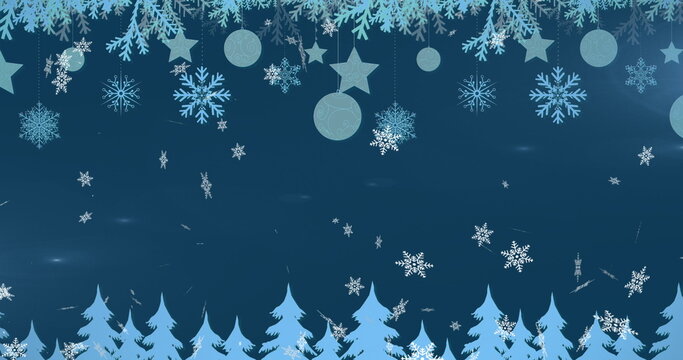 Digital image of snowflakes falling over christmas decorations hanging and multiple trees on blu