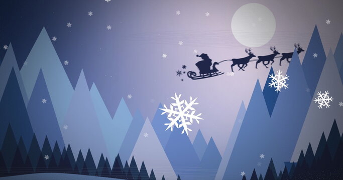 Digital image of snowflakes moving over black silhouette of santa claus in sleigh