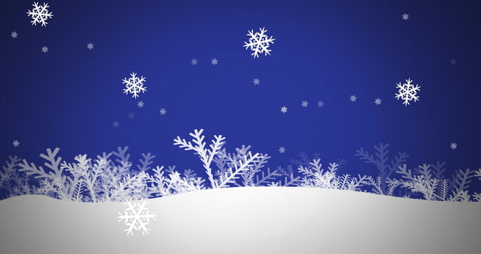 Digital image of snowflakes falling over winter landscape against blue background