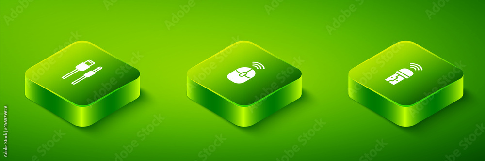 Poster set isometric wireless computer mouse, usb wireless adapter and usb cable cord icon. vector