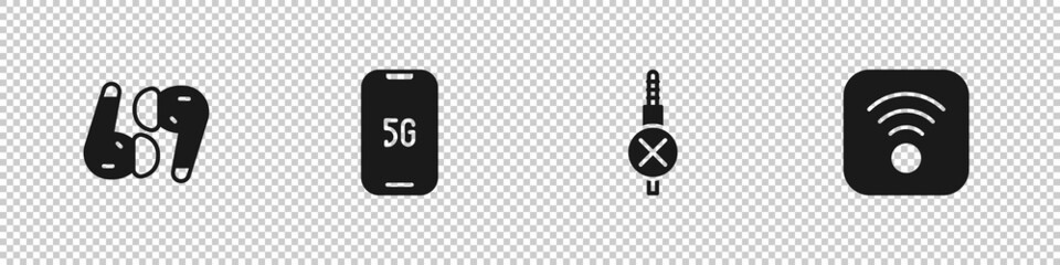 Set Air headphones, Mobile with 5G, No audio jack and Wi-Fi wireless internet icon. Vector