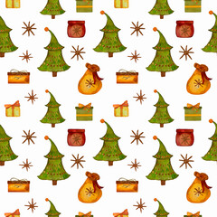 Watercolor pattern Christmas tree with a bag of gifts on a white background. Hand-drawn and suitable for all types of design and printing.