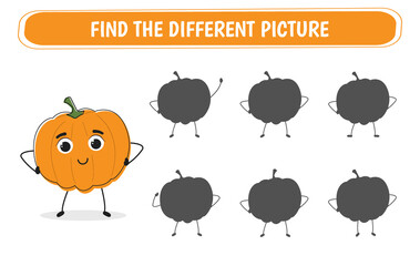 Educational game find the correct shadow. Mindfulness game for kids with pumpkin. Vector illustration