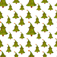 Watercolor pattern Christmas tree on a white background. Hand-drawn and suitable for all types of design and printing.