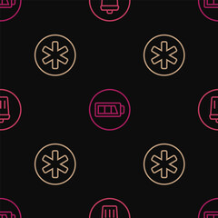 Set line Trash can, Medical symbol of the Emergency and Battery on seamless pattern. Vector