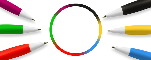 Kreis mit Deutschen Parteifarben und 6 Kugelschreiber auf weissem Hintergrund