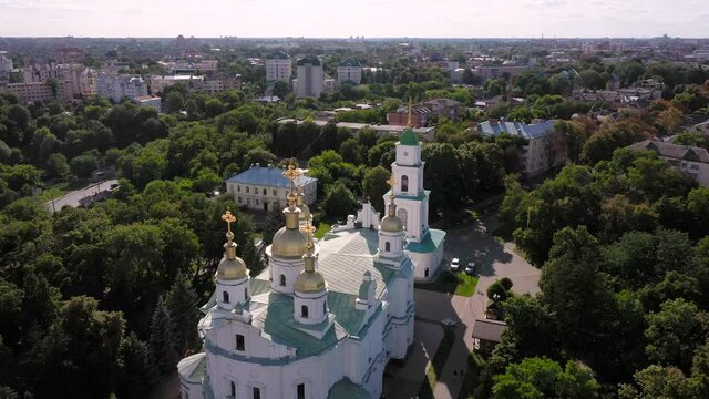 Aerial view to The Assumption Cathedral and his bell tower in Poltava
