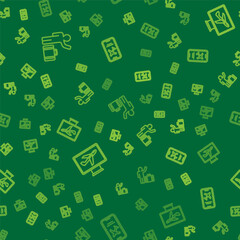 Set line Tourist with suitcase, Plane and Mobile ticket on seamless pattern. Vector