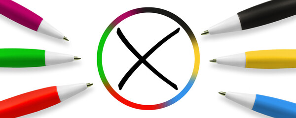 Kreis mit Deutschen Parteifarben und 6 Kugelschreiber mit Wahlkreuz