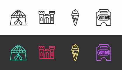 Set line Circus tent, Castle, Ice cream in waffle cone and ticket on black and white. Vector