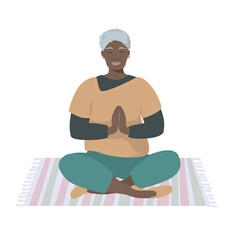 Elderly African-American woman is sitting in lotus position, meditating. The concept of concentration, calmness and healthy lifestyle at any age. Vector, illustration isolated on a white background.