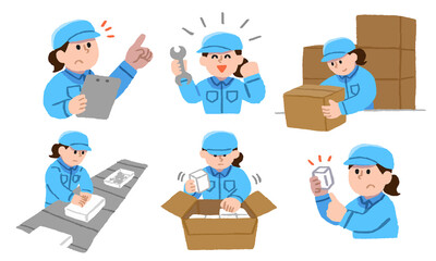 作業する女性作業員イラストセット