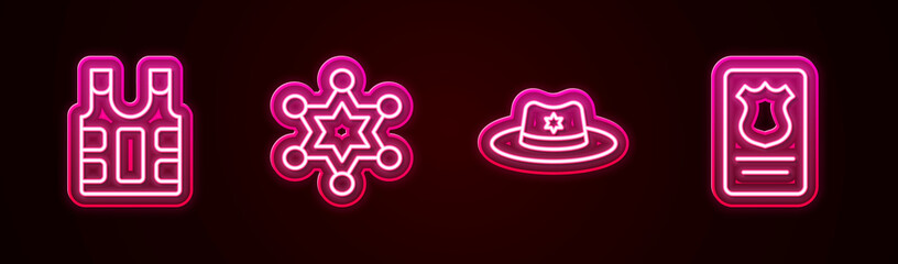 Set line Bulletproof vest, Hexagram sheriff, Sheriff hat with badge and Police id case. Glowing neon icon. Vector