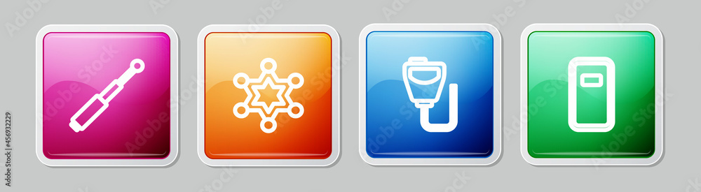 Sticker Set line Telescopic baton, Hexagram sheriff, Walkie talkie and Police assault shield. Colorful square button. Vector