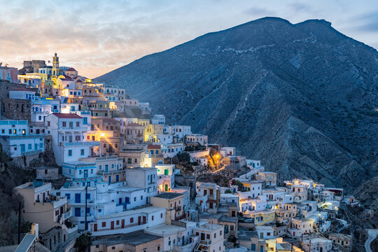 View over greek mountain village at evening, Olympos, Greek Islands