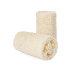 Natural shower loofah sponges on white background
