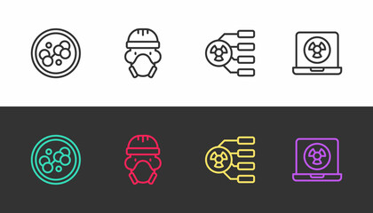 Set line Molecule, Nuclear reactor worker, Radioactive and laptop on black and white. Vector