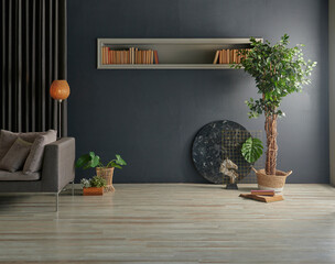 Grey stone concrete wall background with home object lamp book vase of plant style, armchair furniture and niche concept, interior room.