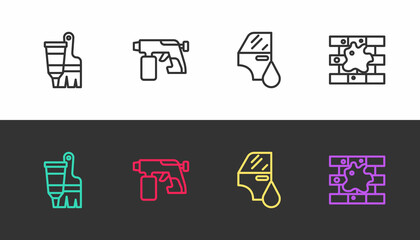 Set line Tube with paint and brush, Paint spray gun, Car painting and Painting the house on black and white. Vector