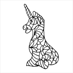 Vector illustration of a cute sitting unicorn. Monochrome hand drawn doodle. Patterned vector illustration. Sketch for coloring page, tattoo, poster, print, t-shirt