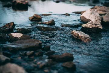 The water flowed through the scattered rocks.