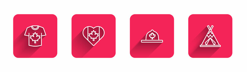 Set line Hockey jersey, Heart shaped Canada flag, Canadian ranger hat and Indian teepee or wigwam with long shadow. Red square button. Vector © Kostiantyn