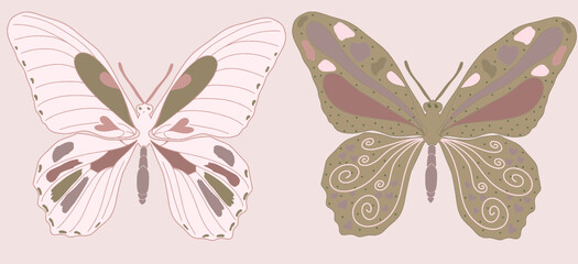 Ilustración vectorial editable de dos mariposas en tonalidades rosadas y verdes
