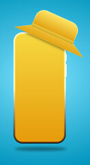 cap with mobile isolated on blue background with shadow.