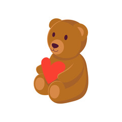 Teddy bear toy with a heart on white background. Cartoon illustration, vector.