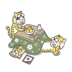 こたつでくつろぐ虎の着ぐるみを着た家族(2022年寅年の年賀状ベクターイラスト素材)