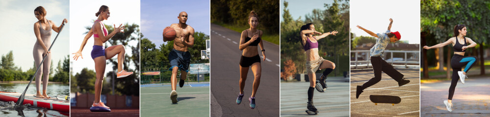 Collage about fit men and women at fitness training outdoors. Sport, training, athlete, workout, exercises concept