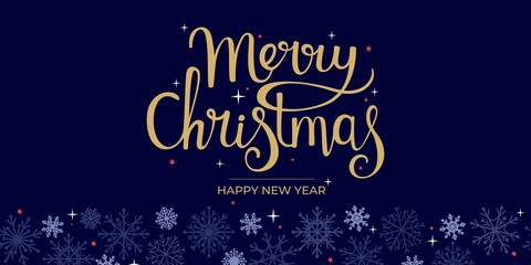 Fototapeta na wymiar Christmas and New Year. Modern universal art templates. Christmas corporate greeting cards and invitations. Golden lettering on a dark blue background with snowflakes.